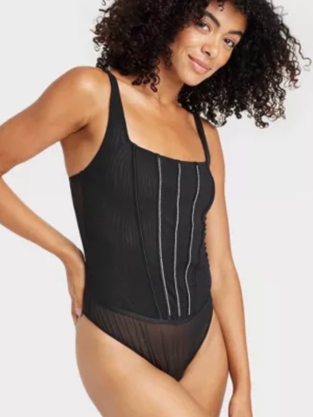 Auden Black Women’s One-Piece Crystal bodysuit with Sheer Panels L